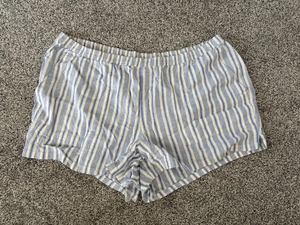 Women’s Linen Mid-rise Pull On Shorts Blue And White Stripe 2x New Relaxed Fit